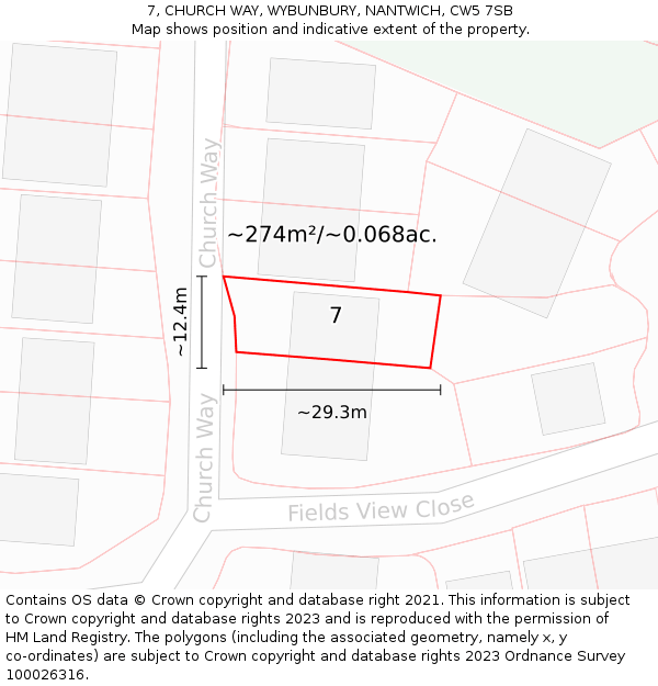 7, CHURCH WAY, WYBUNBURY, NANTWICH, CW5 7SB: Plot and title map