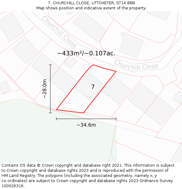 7, CHURCHILL CLOSE, UTTOXETER, ST14 8BB: Plot and title map