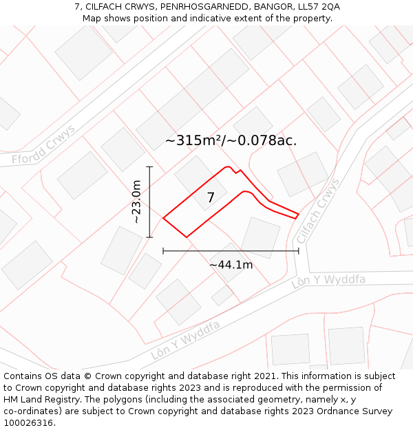 7, CILFACH CRWYS, PENRHOSGARNEDD, BANGOR, LL57 2QA: Plot and title map