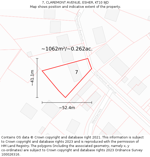 7, CLAREMONT AVENUE, ESHER, KT10 9JD: Plot and title map