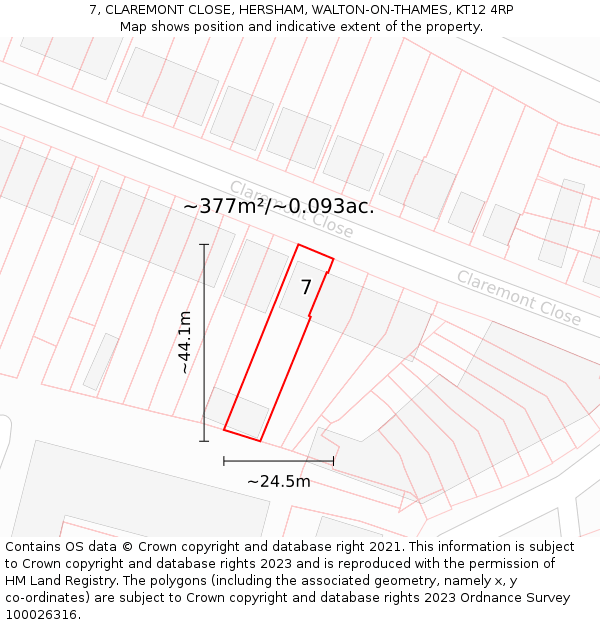 7, CLAREMONT CLOSE, HERSHAM, WALTON-ON-THAMES, KT12 4RP: Plot and title map