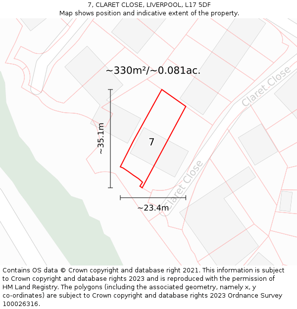 7, CLARET CLOSE, LIVERPOOL, L17 5DF: Plot and title map