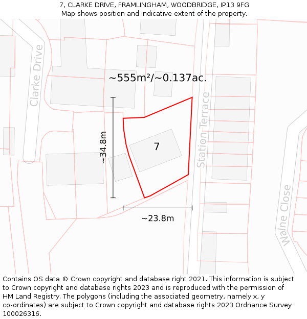 7, CLARKE DRIVE, FRAMLINGHAM, WOODBRIDGE, IP13 9FG: Plot and title map
