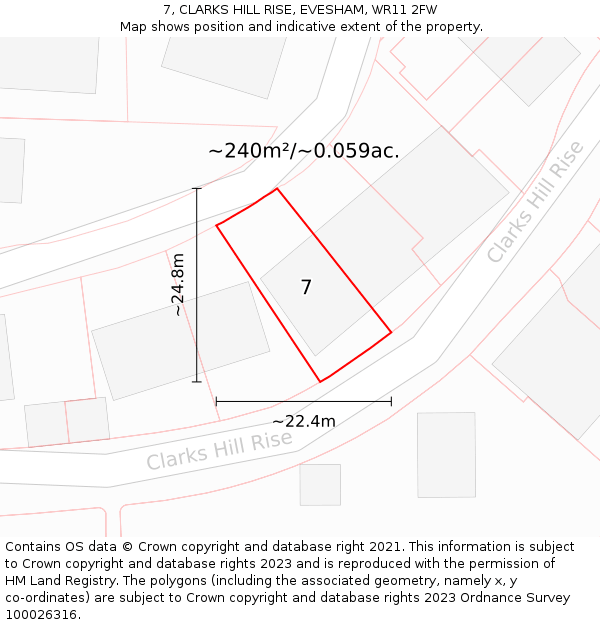 7, CLARKS HILL RISE, EVESHAM, WR11 2FW: Plot and title map