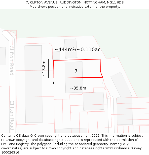 7, CLIFTON AVENUE, RUDDINGTON, NOTTINGHAM, NG11 6DB: Plot and title map