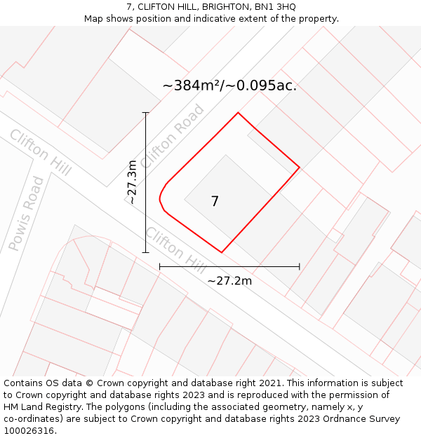 7, CLIFTON HILL, BRIGHTON, BN1 3HQ: Plot and title map