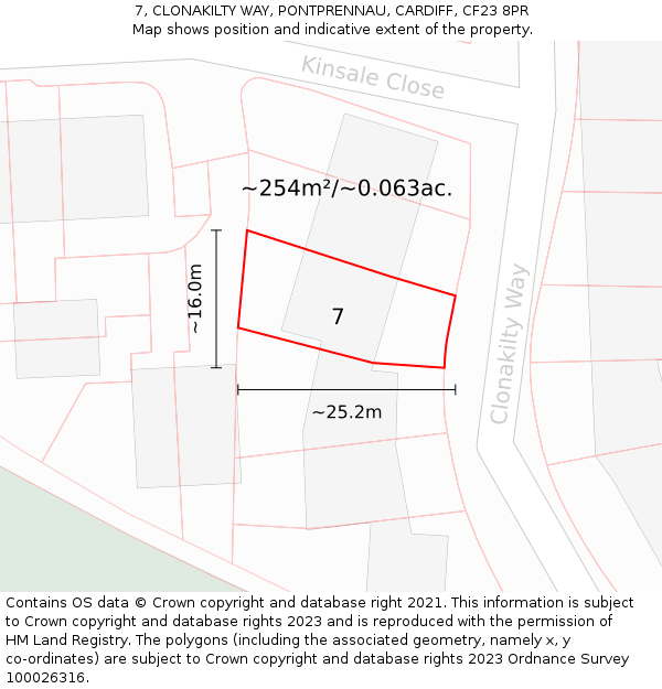 7, CLONAKILTY WAY, PONTPRENNAU, CARDIFF, CF23 8PR: Plot and title map