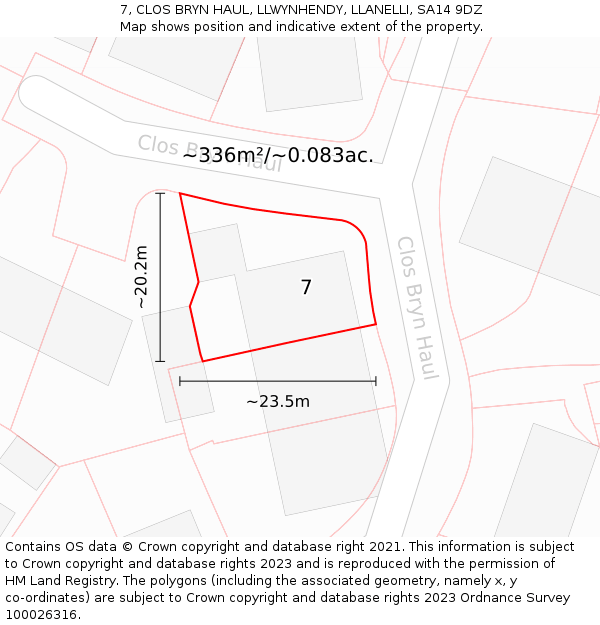 7, CLOS BRYN HAUL, LLWYNHENDY, LLANELLI, SA14 9DZ: Plot and title map