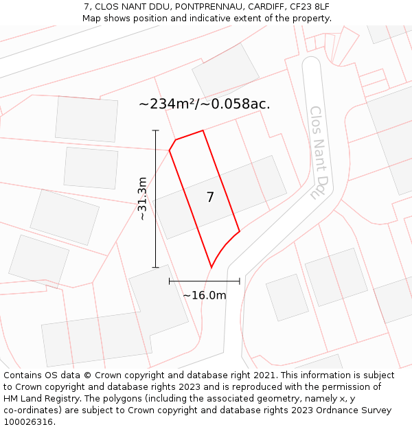 7, CLOS NANT DDU, PONTPRENNAU, CARDIFF, CF23 8LF: Plot and title map