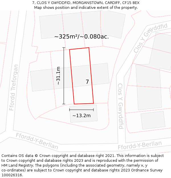 7, CLOS Y GWYDDFID, MORGANSTOWN, CARDIFF, CF15 8EX: Plot and title map