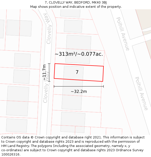 7, CLOVELLY WAY, BEDFORD, MK40 3BJ: Plot and title map