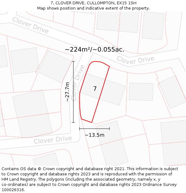 7, CLOVER DRIVE, CULLOMPTON, EX15 1SH: Plot and title map