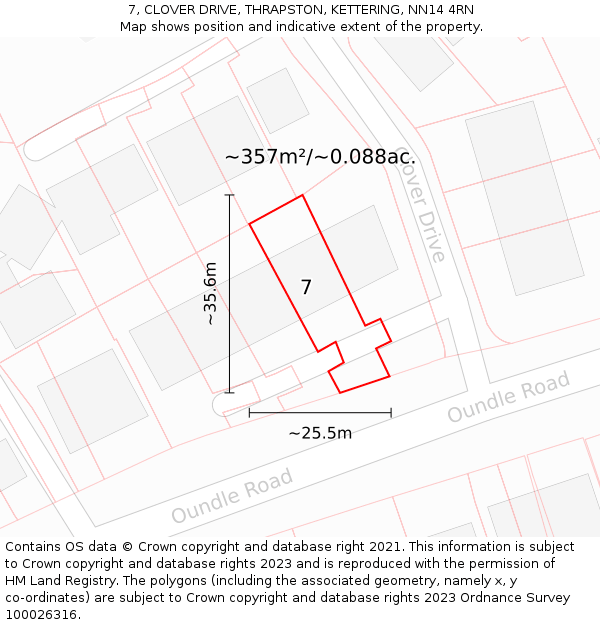 7, CLOVER DRIVE, THRAPSTON, KETTERING, NN14 4RN: Plot and title map