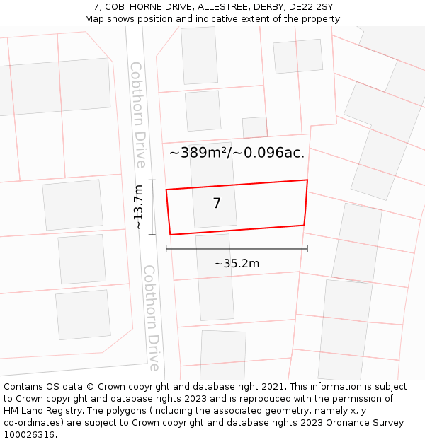 7, COBTHORNE DRIVE, ALLESTREE, DERBY, DE22 2SY: Plot and title map