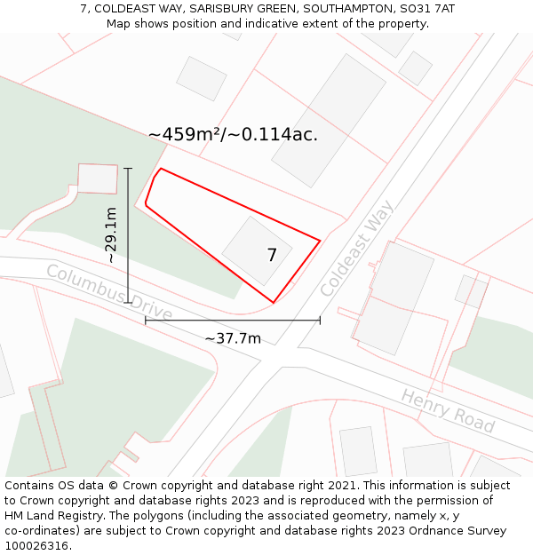 7, COLDEAST WAY, SARISBURY GREEN, SOUTHAMPTON, SO31 7AT: Plot and title map