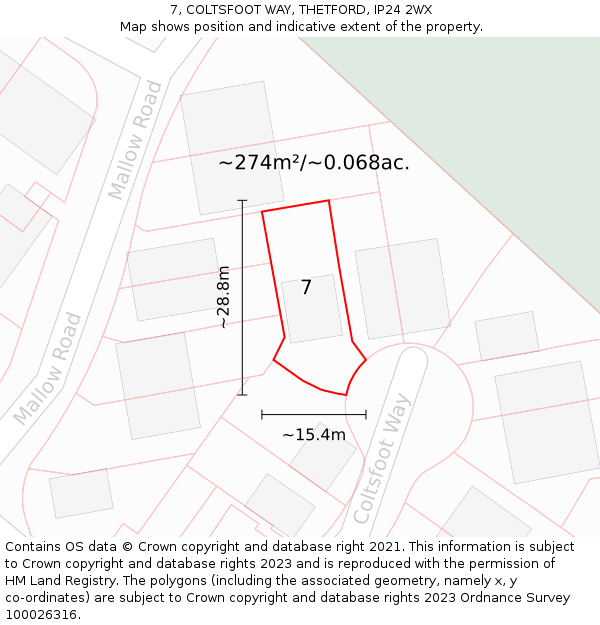 7, COLTSFOOT WAY, THETFORD, IP24 2WX: Plot and title map