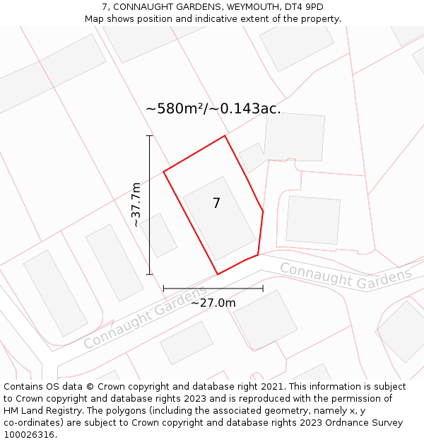 7, CONNAUGHT GARDENS, WEYMOUTH, DT4 9PD: Plot and title map