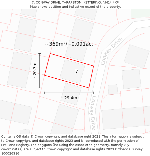 7, CONWAY DRIVE, THRAPSTON, KETTERING, NN14 4XP: Plot and title map