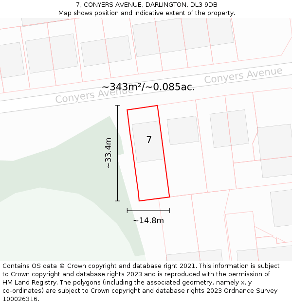 7, CONYERS AVENUE, DARLINGTON, DL3 9DB: Plot and title map