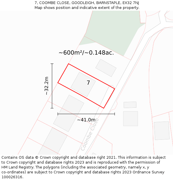 7, COOMBE CLOSE, GOODLEIGH, BARNSTAPLE, EX32 7NJ: Plot and title map