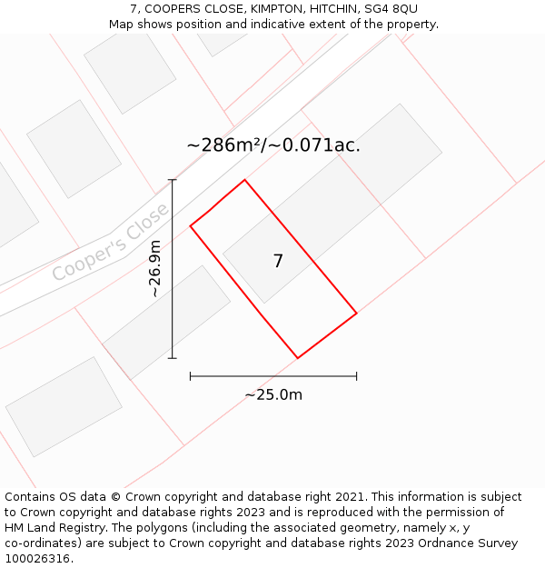 7, COOPERS CLOSE, KIMPTON, HITCHIN, SG4 8QU: Plot and title map