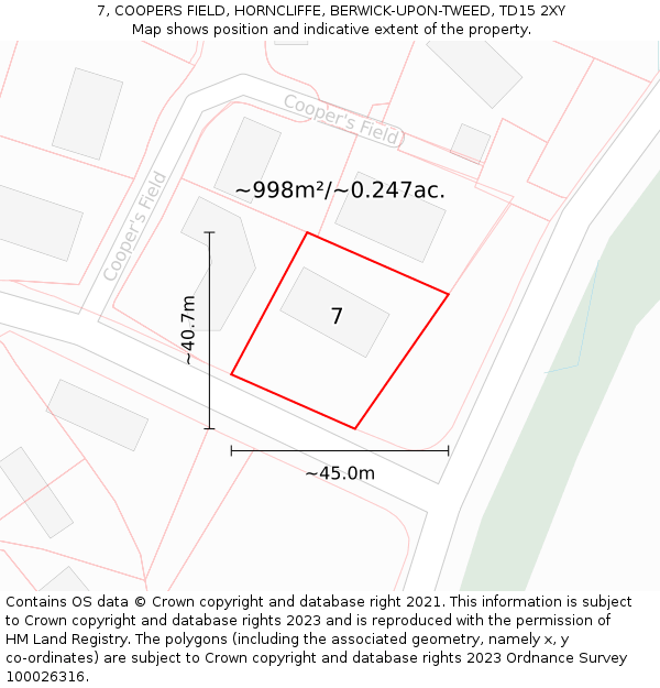 7, COOPERS FIELD, HORNCLIFFE, BERWICK-UPON-TWEED, TD15 2XY: Plot and title map