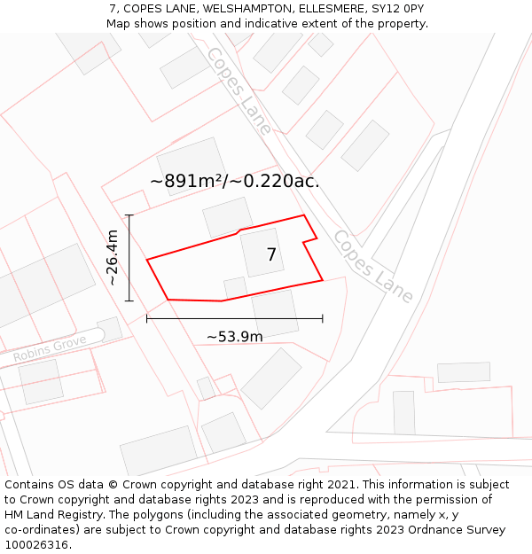 7, COPES LANE, WELSHAMPTON, ELLESMERE, SY12 0PY: Plot and title map