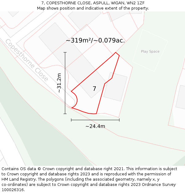 7, COPESTHORNE CLOSE, ASPULL, WIGAN, WN2 1ZF: Plot and title map