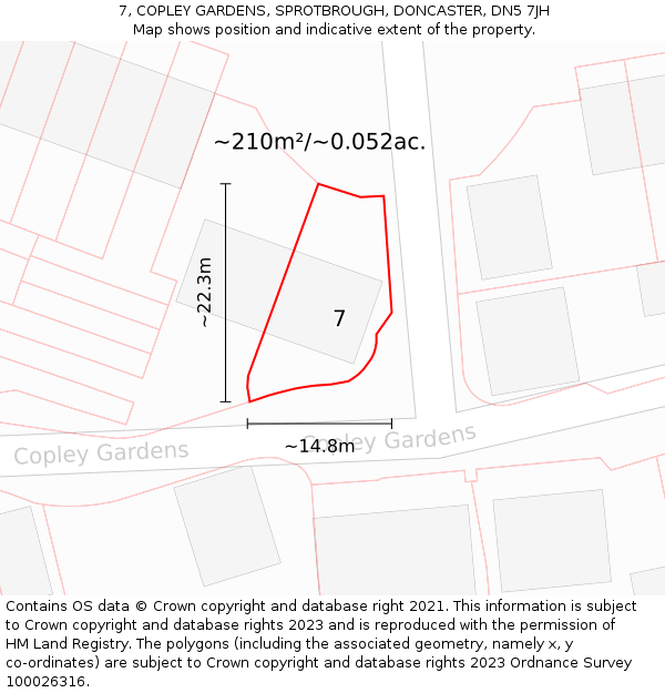 7, COPLEY GARDENS, SPROTBROUGH, DONCASTER, DN5 7JH: Plot and title map
