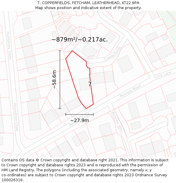 7, COPPERFIELDS, FETCHAM, LEATHERHEAD, KT22 9PA: Plot and title map