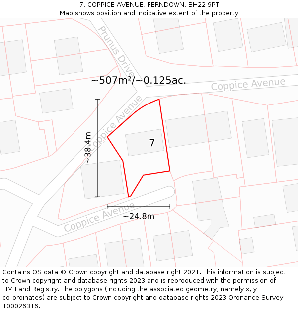 7, COPPICE AVENUE, FERNDOWN, BH22 9PT: Plot and title map