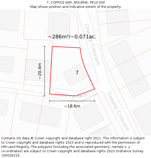 7, COPPICE WAY, BOURNE, PE10 0GF: Plot and title map