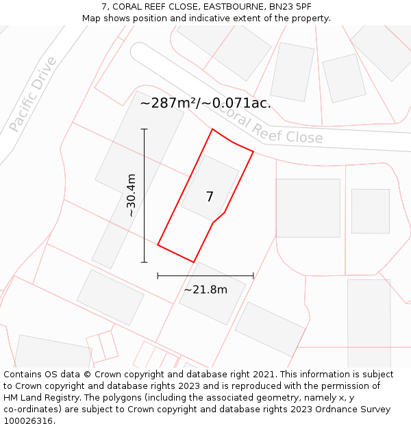7, CORAL REEF CLOSE, EASTBOURNE, BN23 5PF: Plot and title map