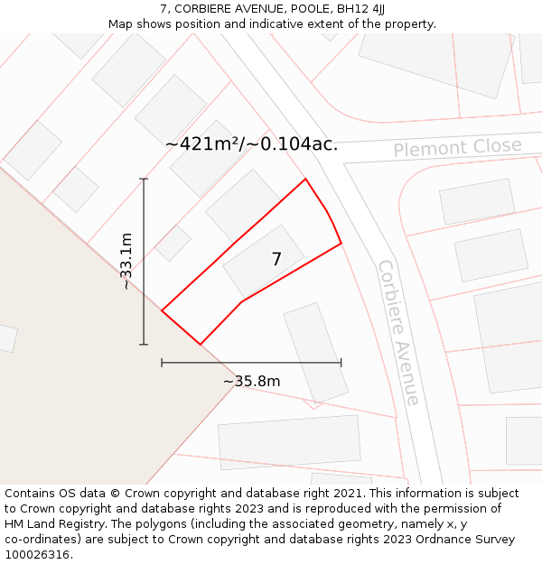 7, CORBIERE AVENUE, POOLE, BH12 4JJ: Plot and title map