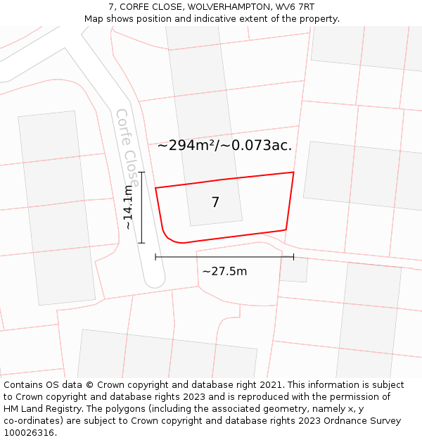 7, CORFE CLOSE, WOLVERHAMPTON, WV6 7RT: Plot and title map