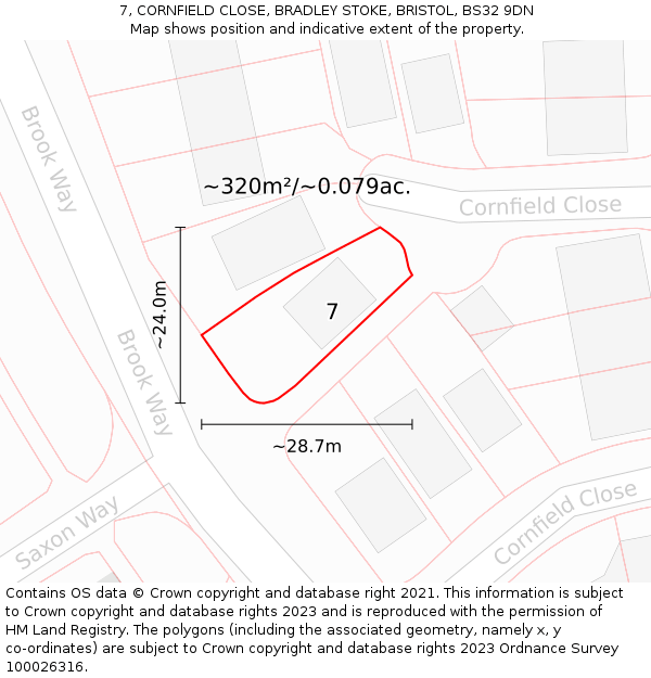 7, CORNFIELD CLOSE, BRADLEY STOKE, BRISTOL, BS32 9DN: Plot and title map