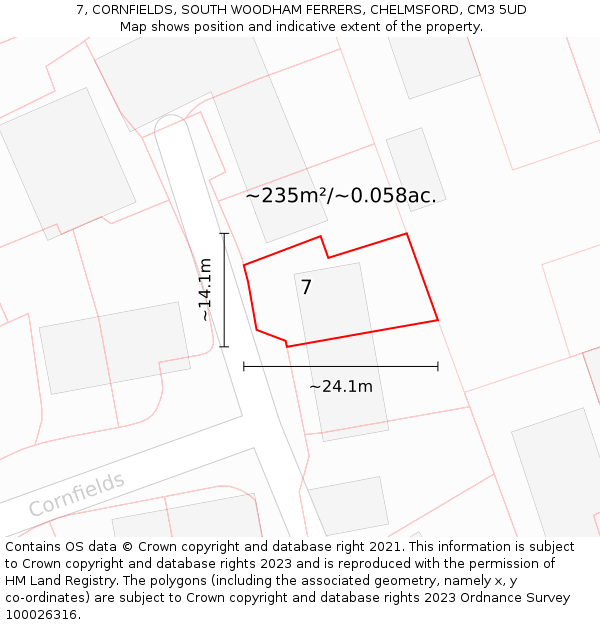 7, CORNFIELDS, SOUTH WOODHAM FERRERS, CHELMSFORD, CM3 5UD: Plot and title map