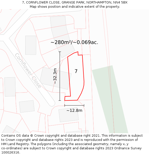 7, CORNFLOWER CLOSE, GRANGE PARK, NORTHAMPTON, NN4 5BX: Plot and title map