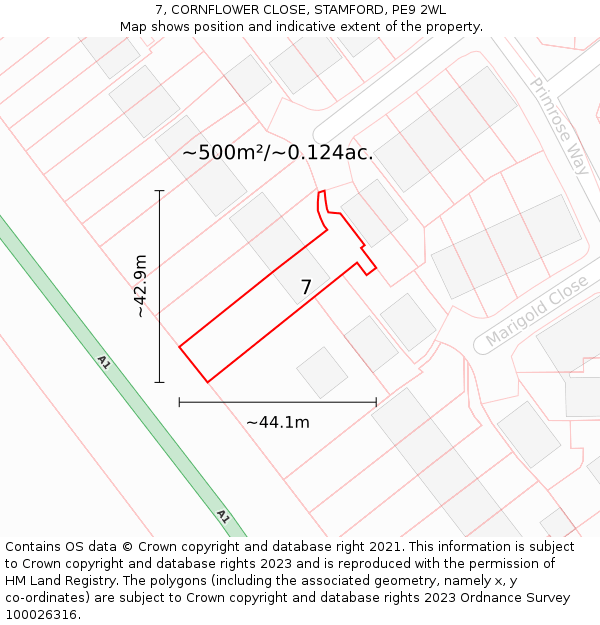 7, CORNFLOWER CLOSE, STAMFORD, PE9 2WL: Plot and title map