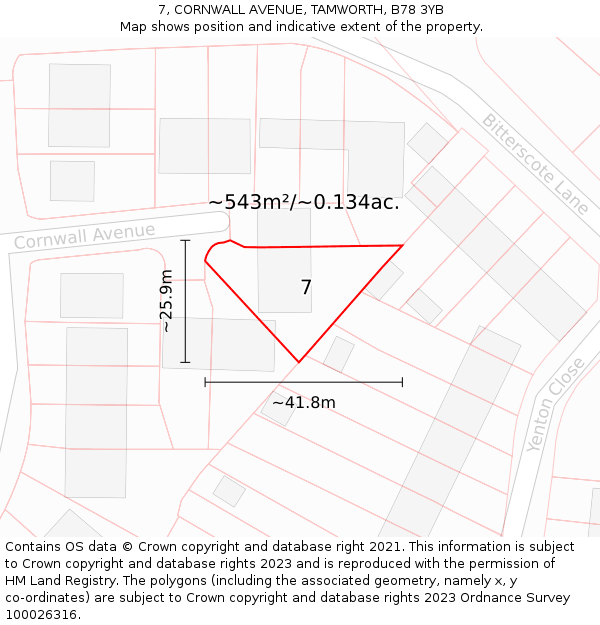 7, CORNWALL AVENUE, TAMWORTH, B78 3YB: Plot and title map