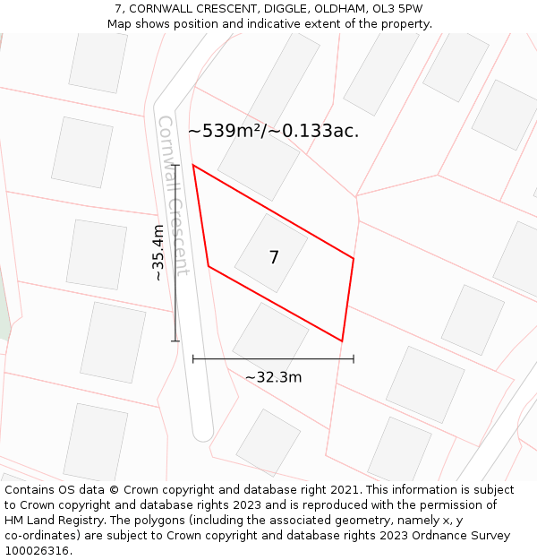 7, CORNWALL CRESCENT, DIGGLE, OLDHAM, OL3 5PW: Plot and title map