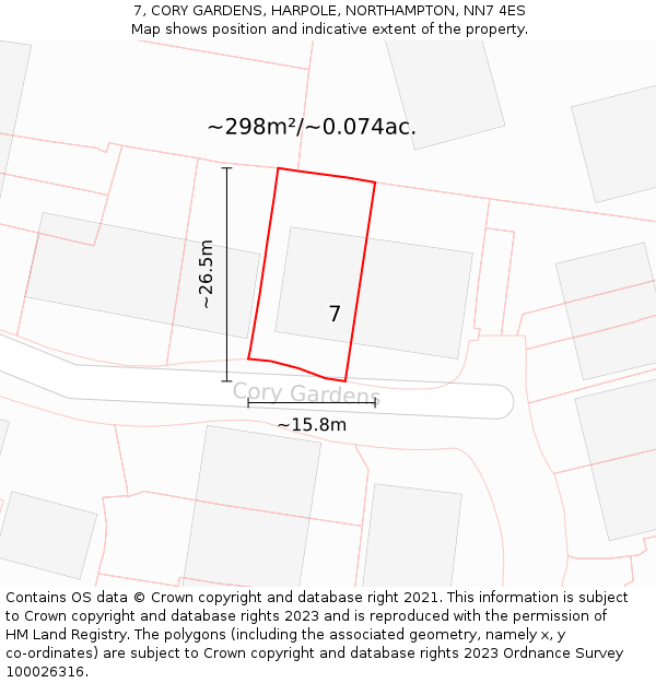 7, CORY GARDENS, HARPOLE, NORTHAMPTON, NN7 4ES: Plot and title map