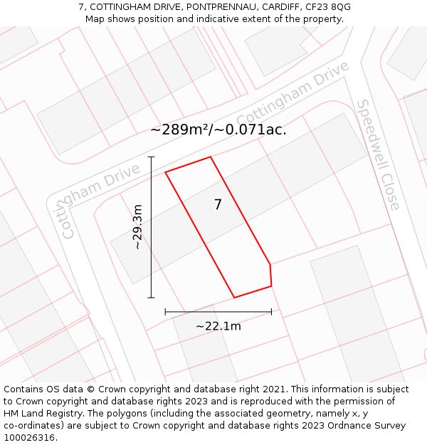 7, COTTINGHAM DRIVE, PONTPRENNAU, CARDIFF, CF23 8QG: Plot and title map