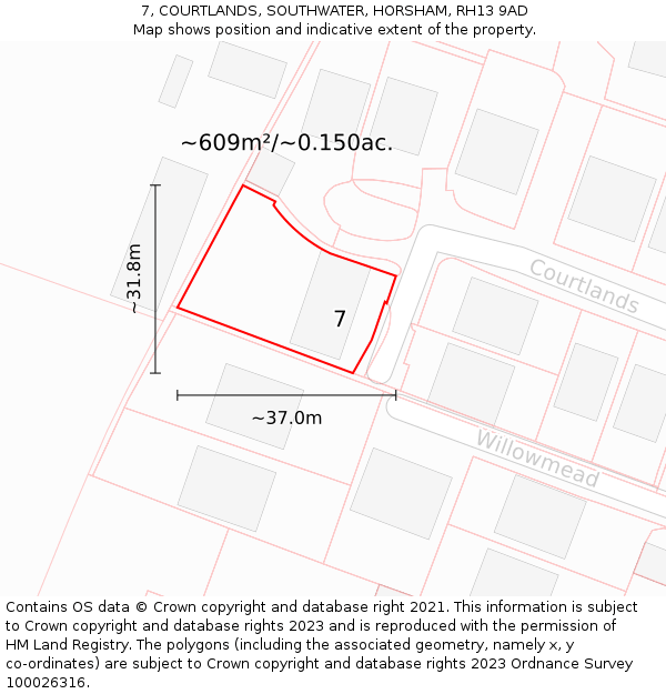 7, COURTLANDS, SOUTHWATER, HORSHAM, RH13 9AD: Plot and title map