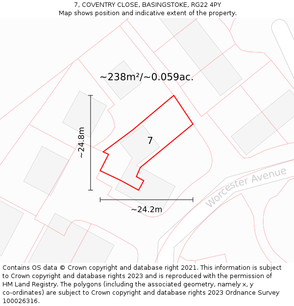 7, COVENTRY CLOSE, BASINGSTOKE, RG22 4PY: Plot and title map