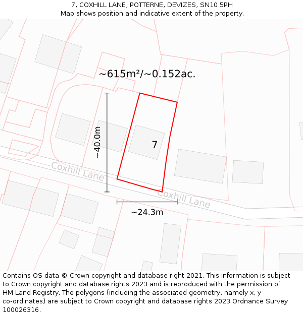 7, COXHILL LANE, POTTERNE, DEVIZES, SN10 5PH: Plot and title map