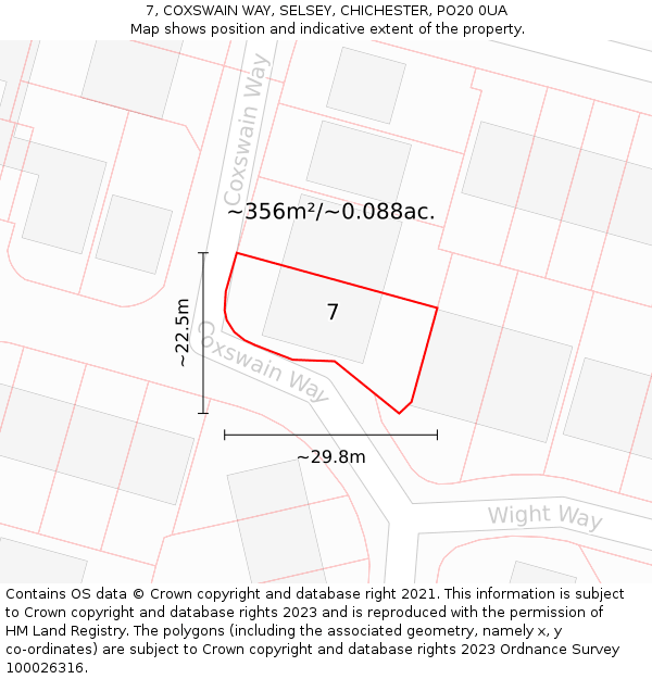 7, COXSWAIN WAY, SELSEY, CHICHESTER, PO20 0UA: Plot and title map