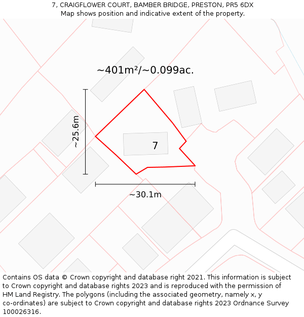 7, CRAIGFLOWER COURT, BAMBER BRIDGE, PRESTON, PR5 6DX: Plot and title map