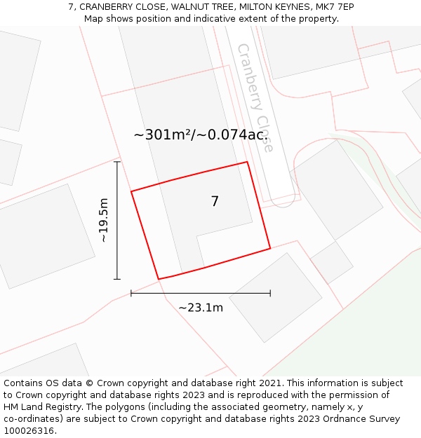 7, CRANBERRY CLOSE, WALNUT TREE, MILTON KEYNES, MK7 7EP: Plot and title map