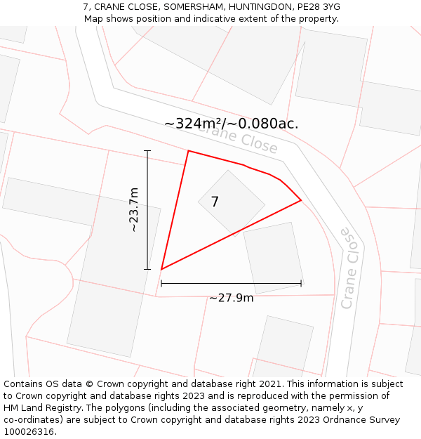 7, CRANE CLOSE, SOMERSHAM, HUNTINGDON, PE28 3YG: Plot and title map